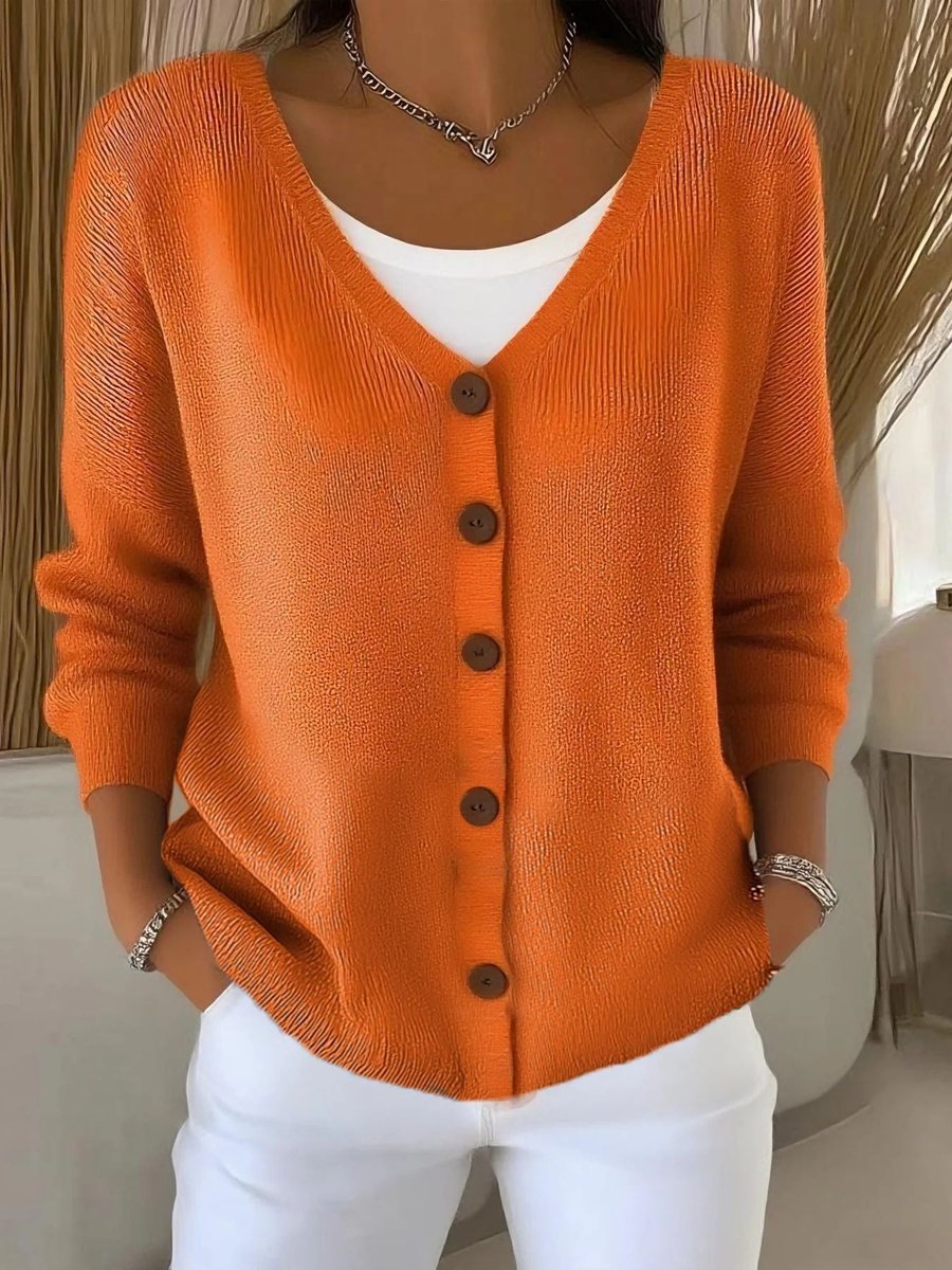 Priscilla orange V-neck button-front cardigan, front view