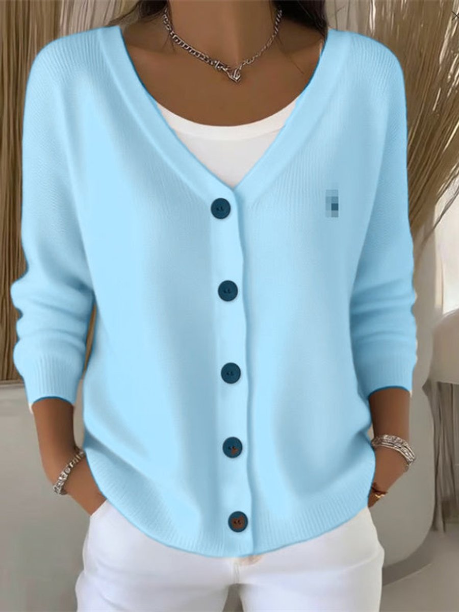 Priscilla light blue V-neck button-front cardigan, front view