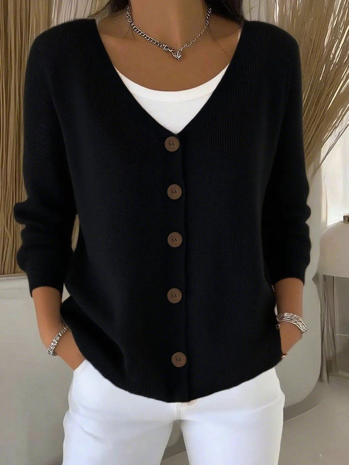Priscilla black V-neck button-front cardigan, front view