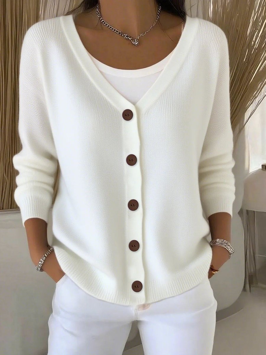 Priscilla white V-neck button-front cardigan, front view