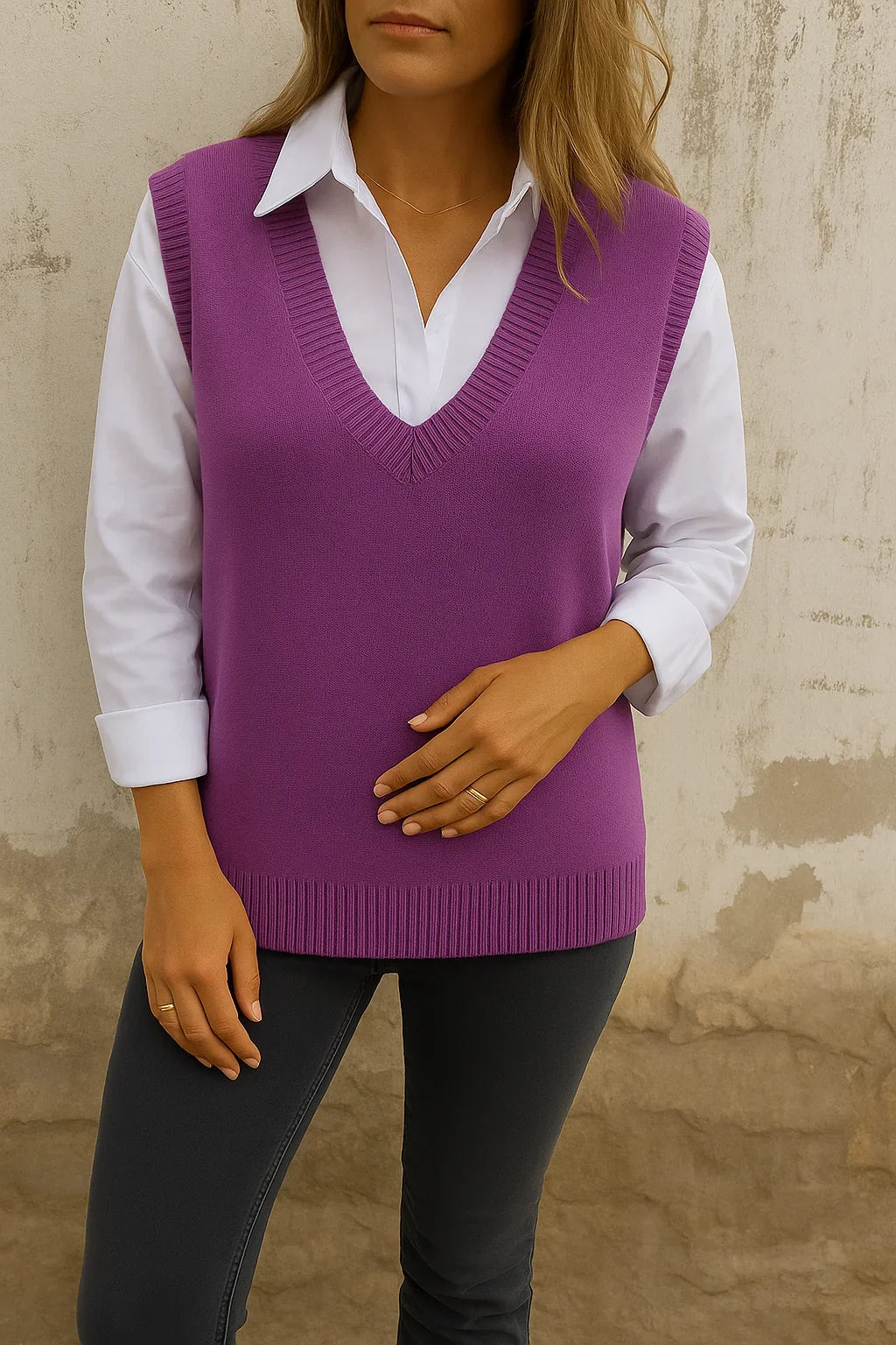 Priscilla purple V-neck sleeveless knit sweater vest layered over white shirt