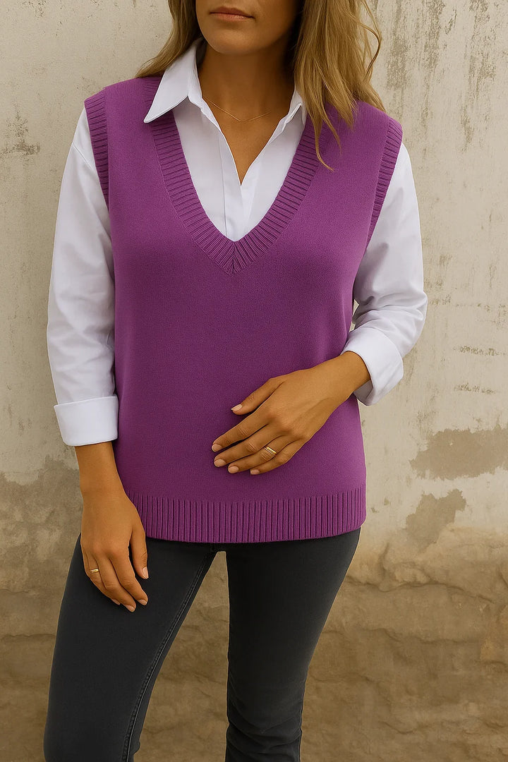 Priscilla purple V-neck sleeveless knit sweater vest layered over white shirt
