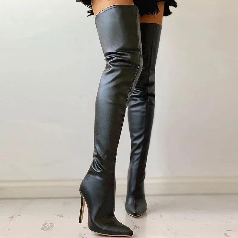 Ravenna thigh high boots with pointed toe, front view on model