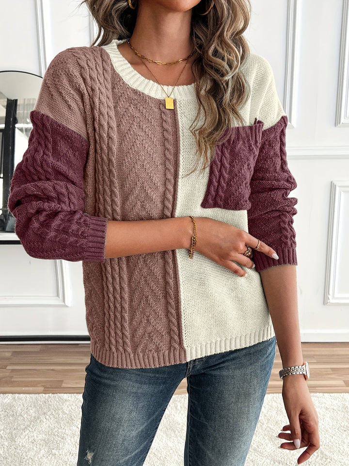 Rosalie color block cable knit sweater, front view detail