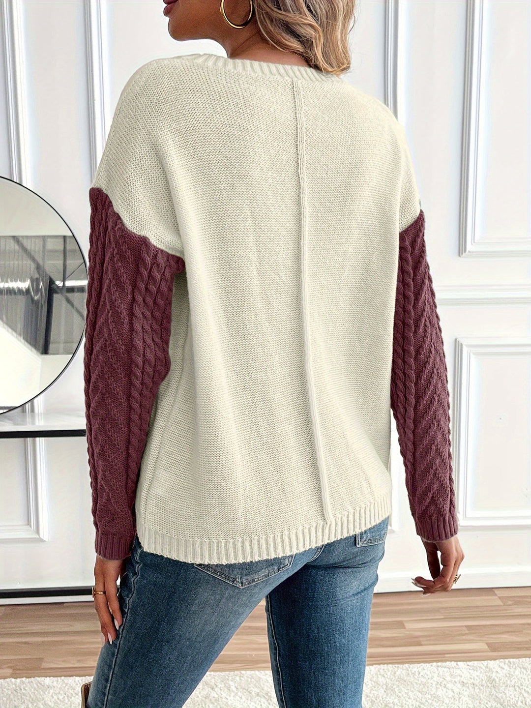 Rosalie color block cable knit sweater, front view detail