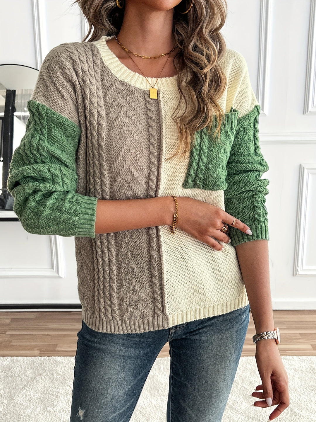Rosalie color block cable knit sweater, front view detail