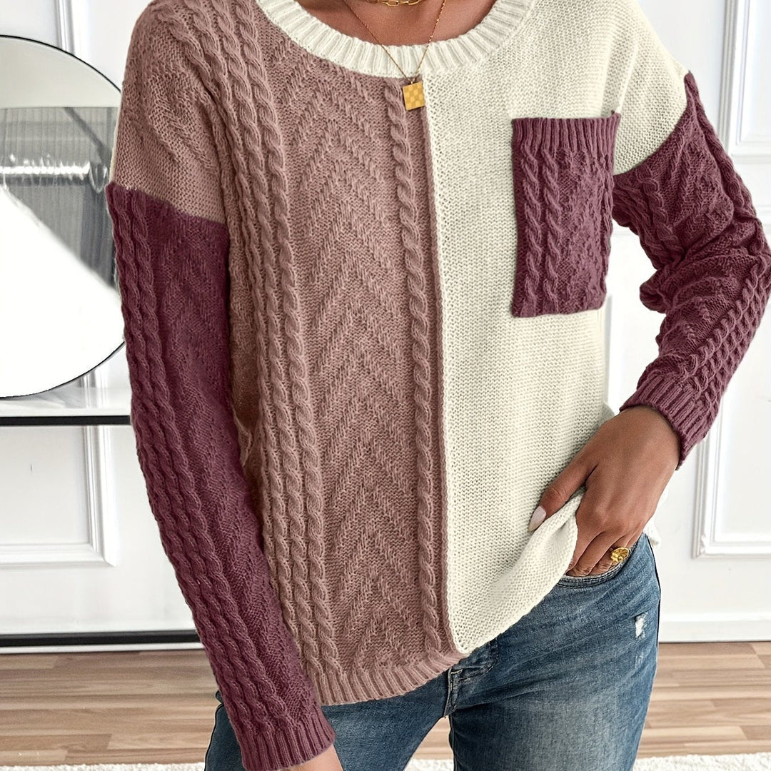 Rosalie color block cable knit sweater, front view detail