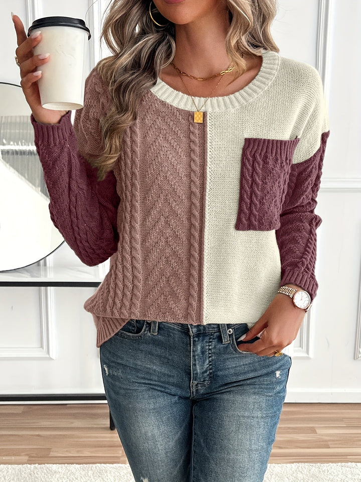 Rosalie color block cable knit sweater, front view detail