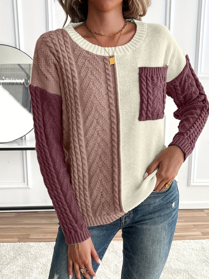 Rosalie color block cable knit sweater, front view detail