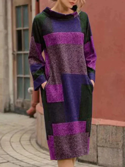 Rosalie colorblock cowl neck midi dress in purple green tones, front view