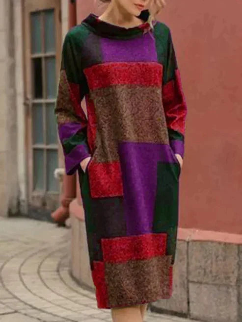 Rosalie colorblock cowl neck midi dress in purple red tones, front view