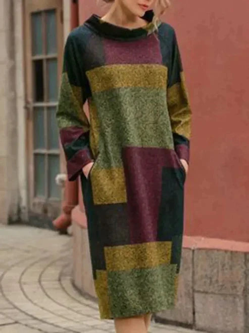 Rosalie colorblock cowl neck midi dress in olive burgundy tones, front view