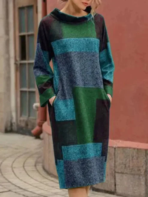 Rosalie colorblock cowl neck midi dress in teal green tones, front view