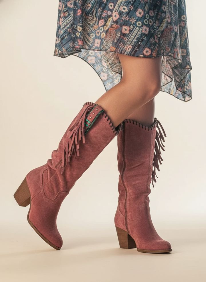 Rosalie fringe knee-high boots in dusty rose suede, side profile