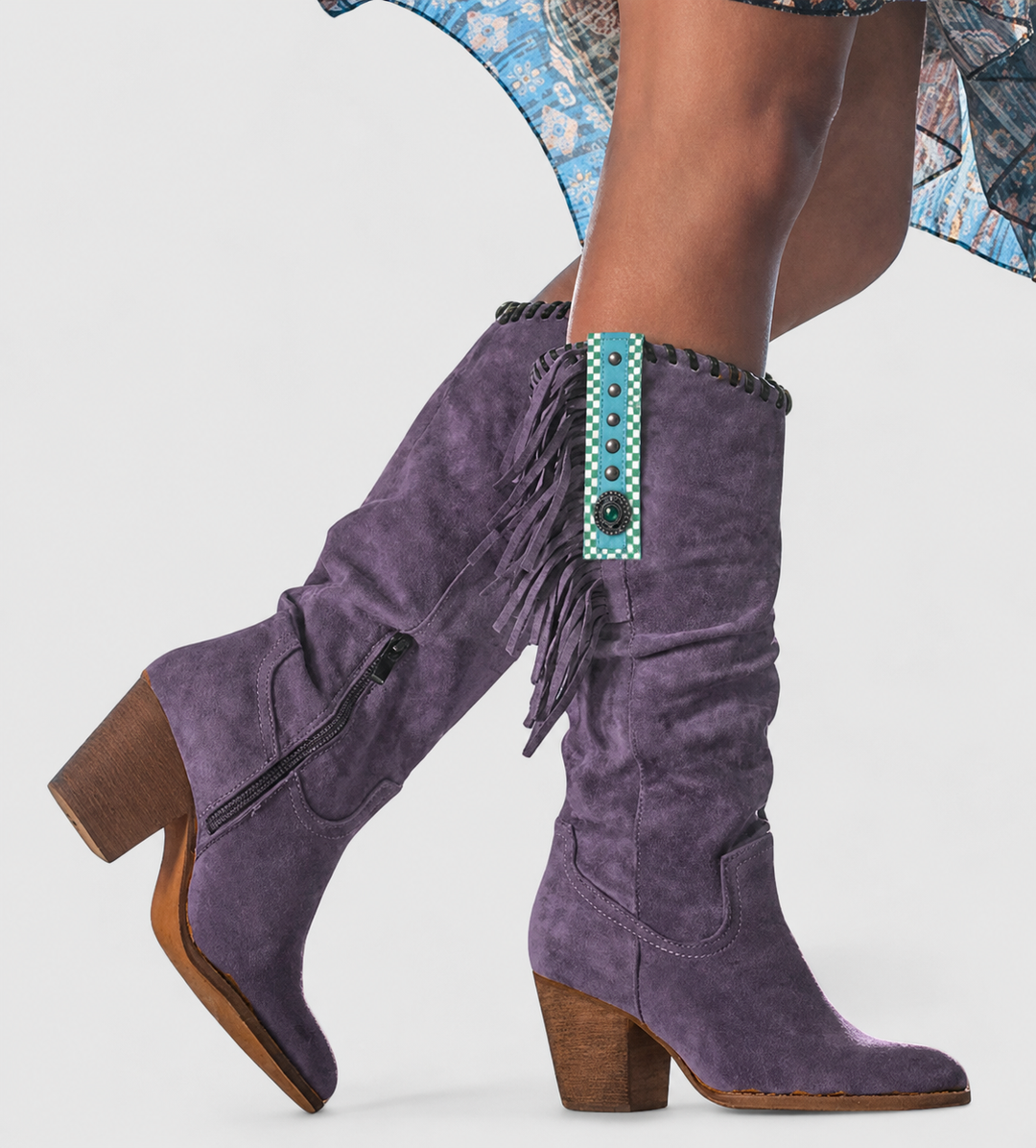 Rosalie fringe knee-high boots in purple suede with concho detail, close-up