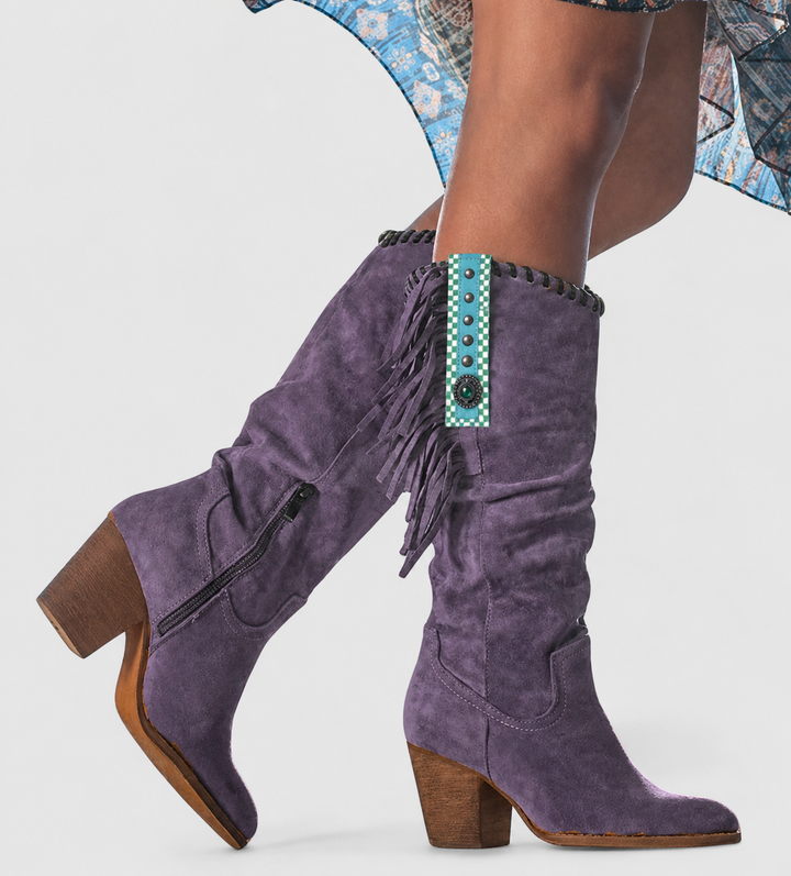 Rosalie fringe knee-high boots in purple suede with concho detail, close-up