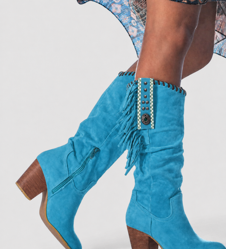 Rosalie fringe knee-high boots in turquoise suede, close-up of fringe and studs