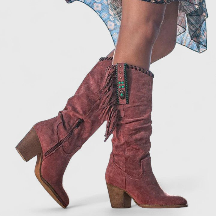 Rosalie fringe knee-high boots in mauve suede, product close-up