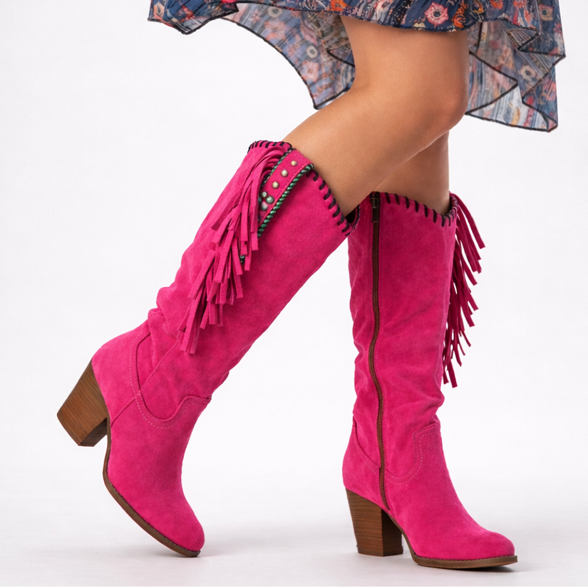 Rosalie fringe knee-high boots in hot pink suede, full side view