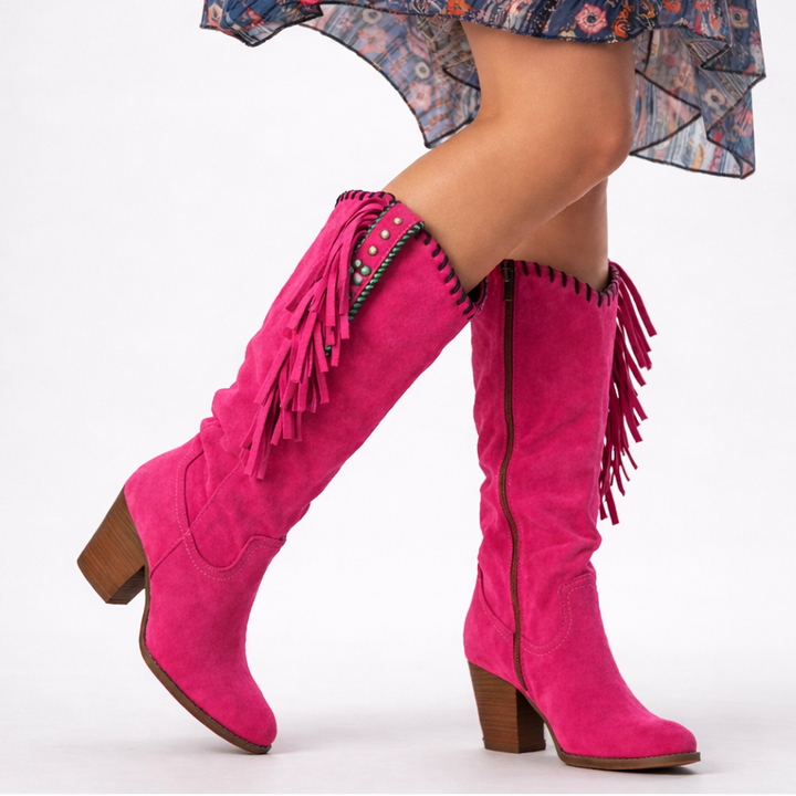 Rosalie fringe knee-high boots in hot pink suede, full side view