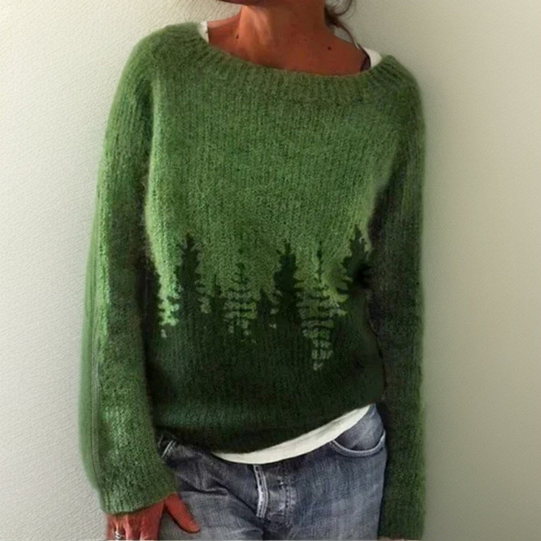 Rosalie oversized forest print crew neck sweater, front view close-up