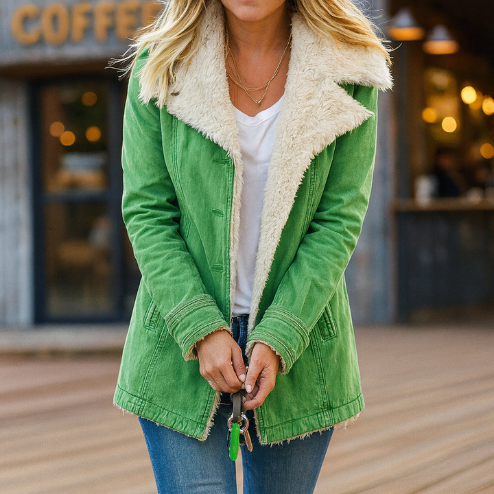 Rosalie green sherpa collar button front jacket, front view close up