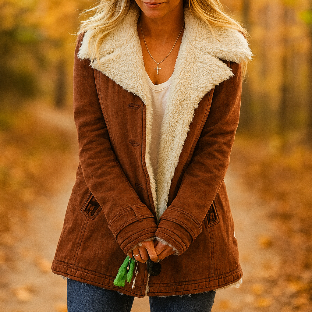 Rosalie brown sherpa collar button front jacket, front view close up in autumn setting