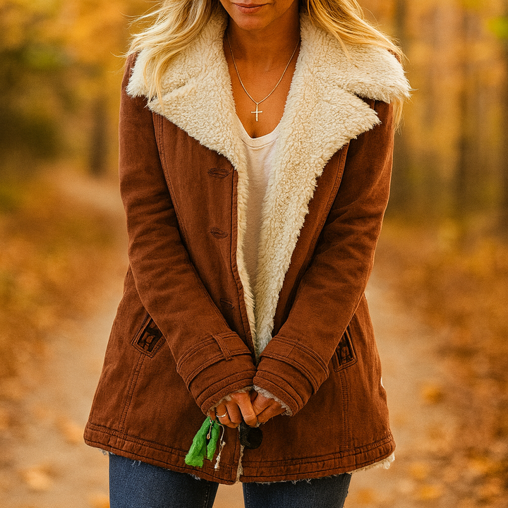 Rosalie brown sherpa collar button front jacket, front view close up in autumn setting