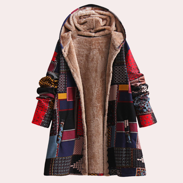 Rosalind boho patchwork fleece-lined hooded coat, open front view