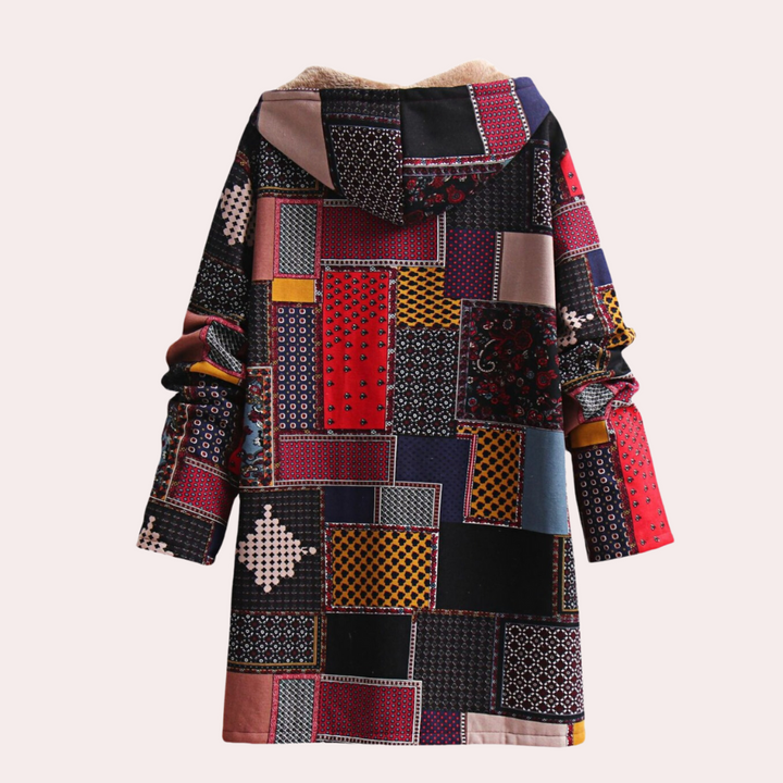 Rosalind patchwork print hooded coat, back view