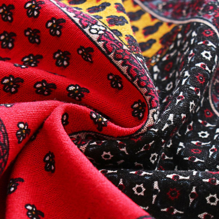 Close-up of Rosalind's patchwork fabric pattern and texture