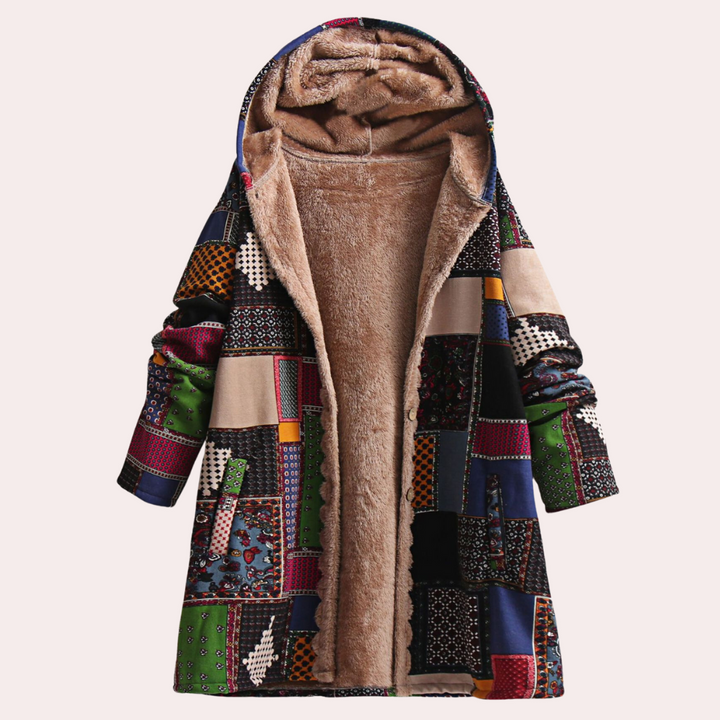 Rosalind boho patchwork hooded coat in alternate colorway, front view