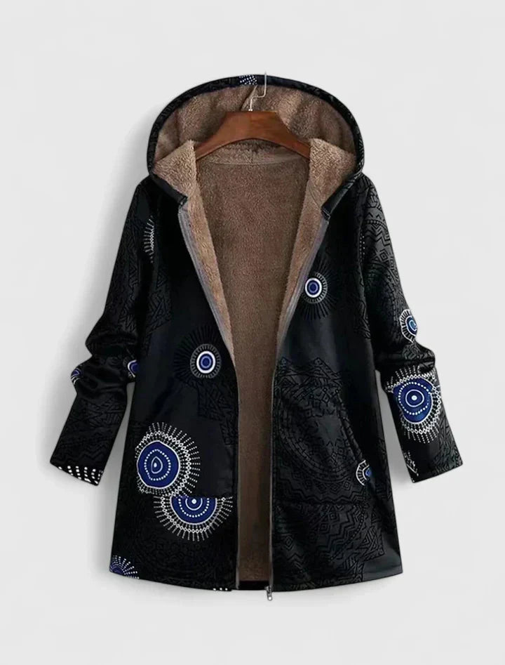 Rosalind black boho print hooded shearling jacket, open front view on hanger