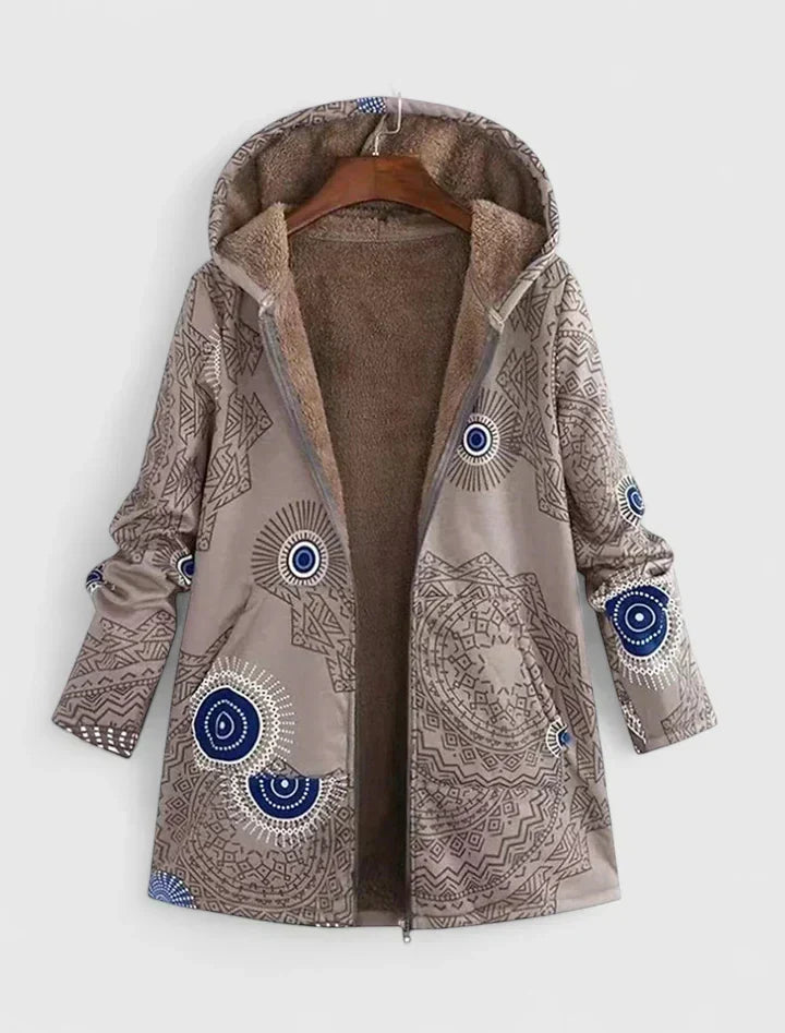Rosalind khaki boho print hooded shearling jacket, open front view on hanger