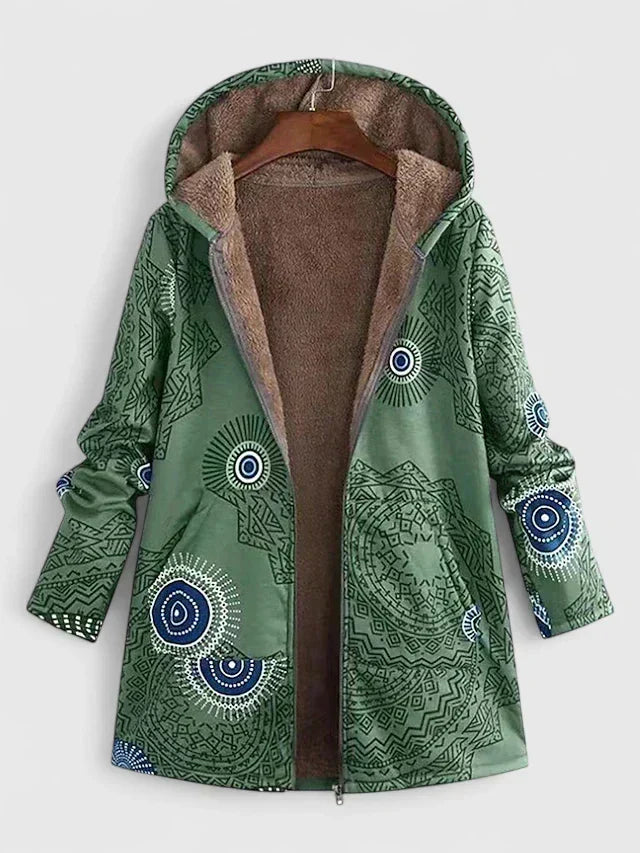 Rosalind green boho print hooded shearling jacket, open front view on hanger