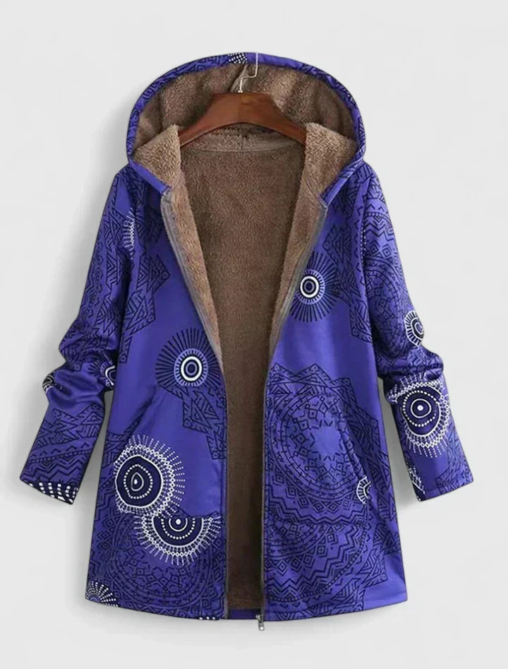 Rosalind blue boho print hooded shearling jacket, open front view on hanger