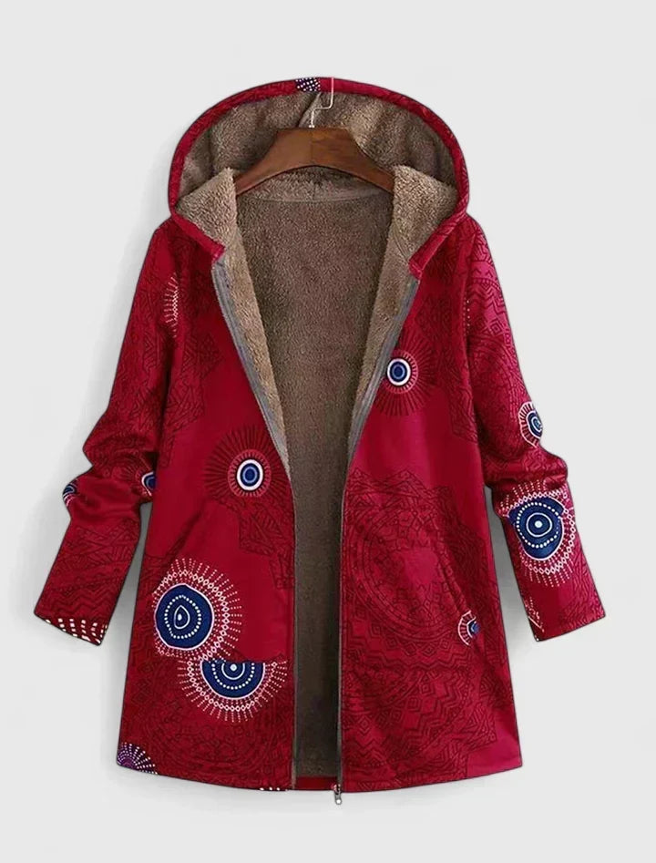 Rosalind blue boho print hooded shearling jacket, open front view on hanger