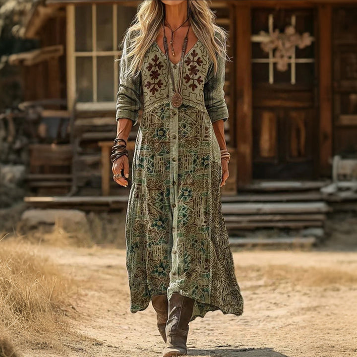 Rosalind boho printed V-neck long sleeve maxi dress, front view close up