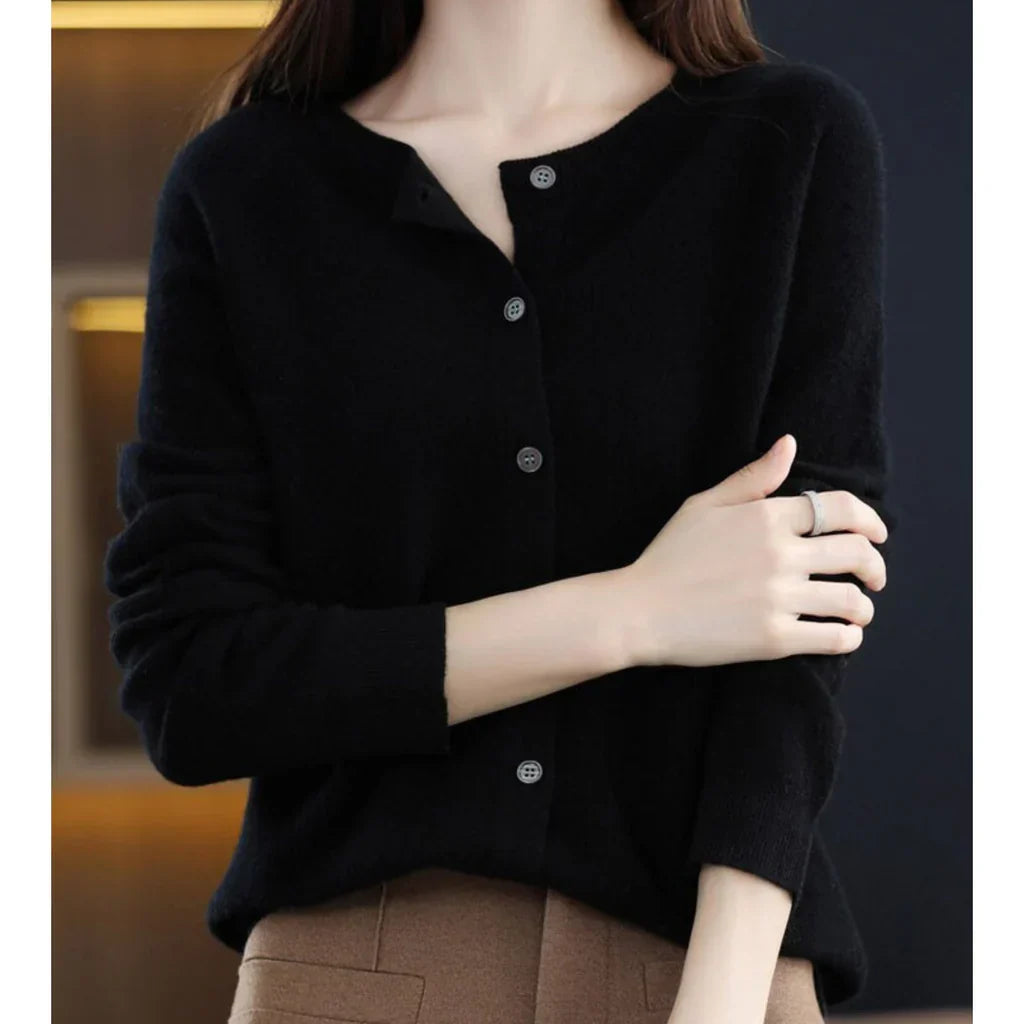 Rosalind crew neck button down cardigan in black, front view