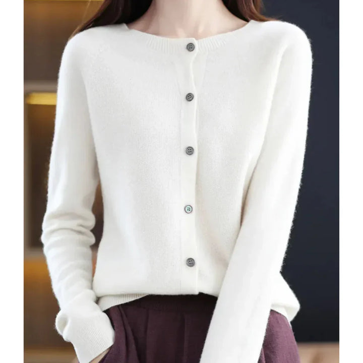 Rosalind crew neck button down cardigan in white, front view