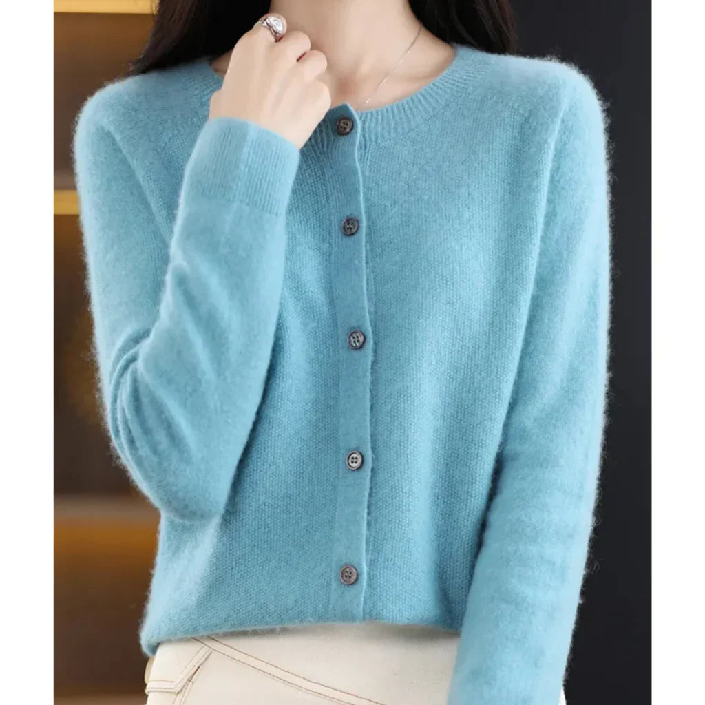Rosalind crew neck button down cardigan in sky blue, front view