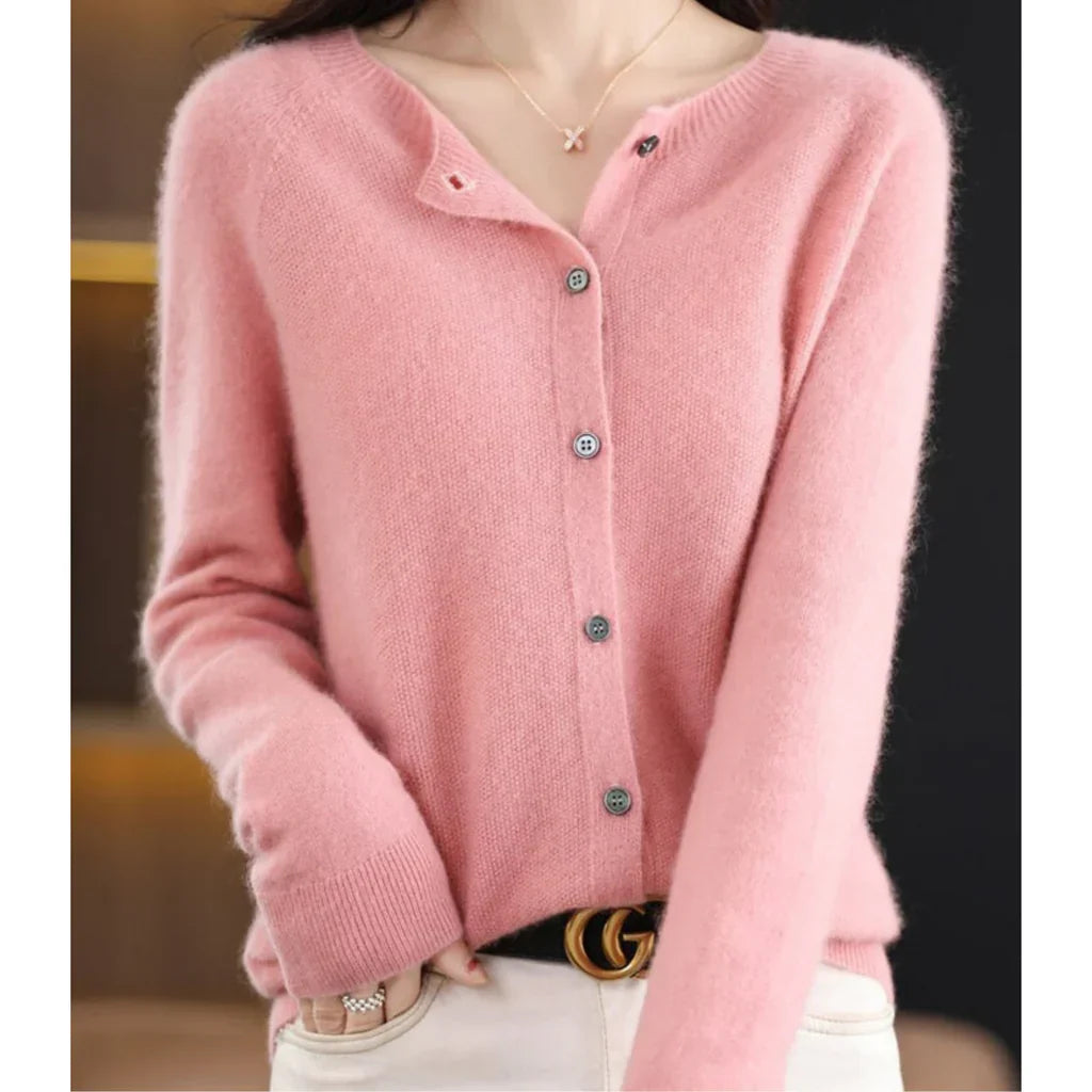 Rosalind crew neck button down cardigan in pink, front view
