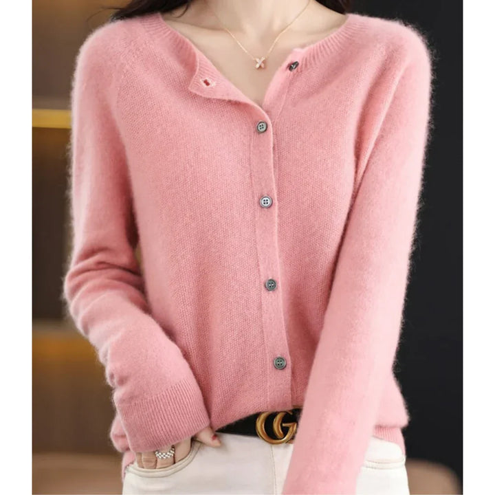 Rosalind crew neck button down cardigan in pink, front view