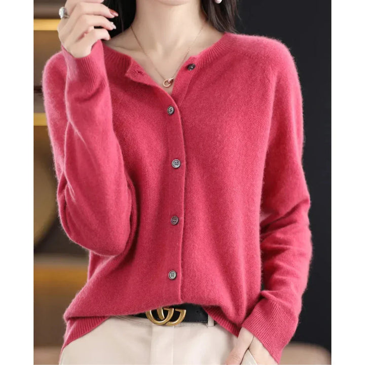 Rosalind crew neck button down cardigan in rose red, front view