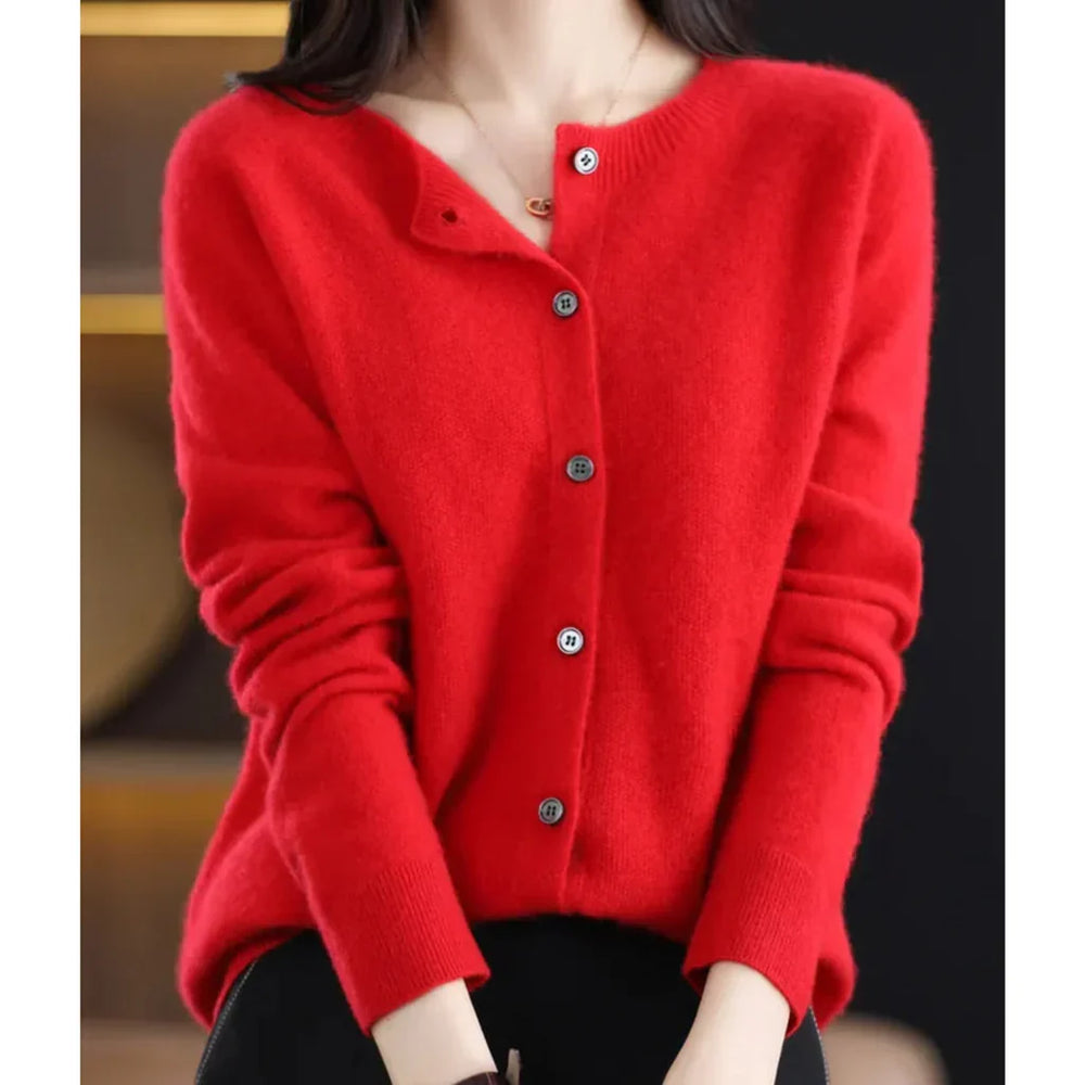 Rosalind crew neck button down cardigan in red, front view