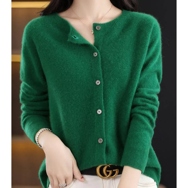 Rosalind crew neck button down cardigan in emerald green, front view