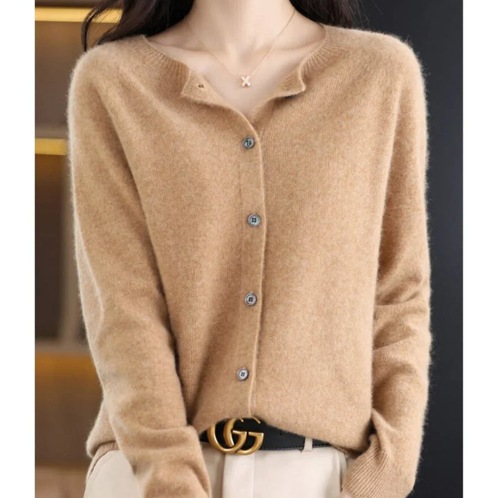 Rosalind crew neck button down cardigan in camel, front view