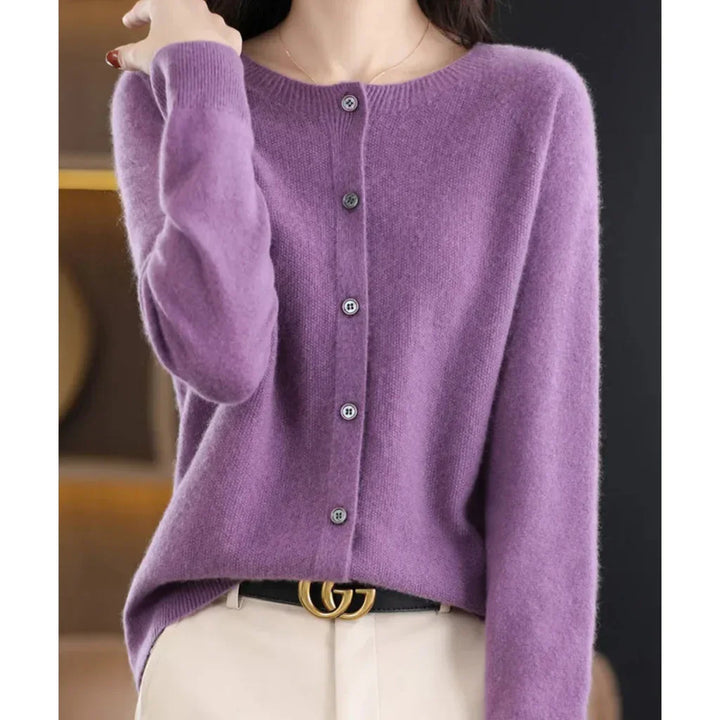 Rosalind crew neck button down cardigan in purple, front view