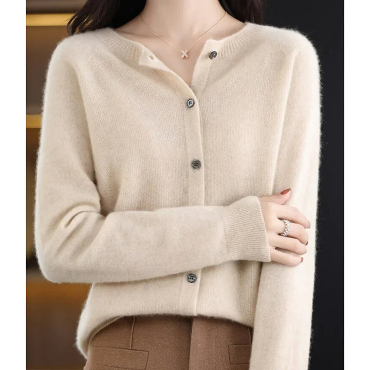 Rosalind button down cardigan in beige, front view close-up