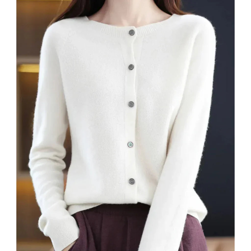 Rosalind button down cardigan in white, front view close-up